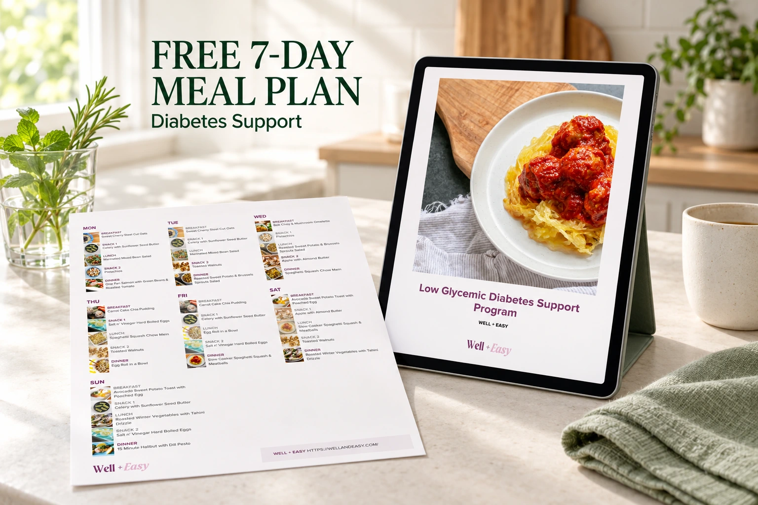 Free 7-Day Diabetes Support Meal Plan in a bright kitchen
